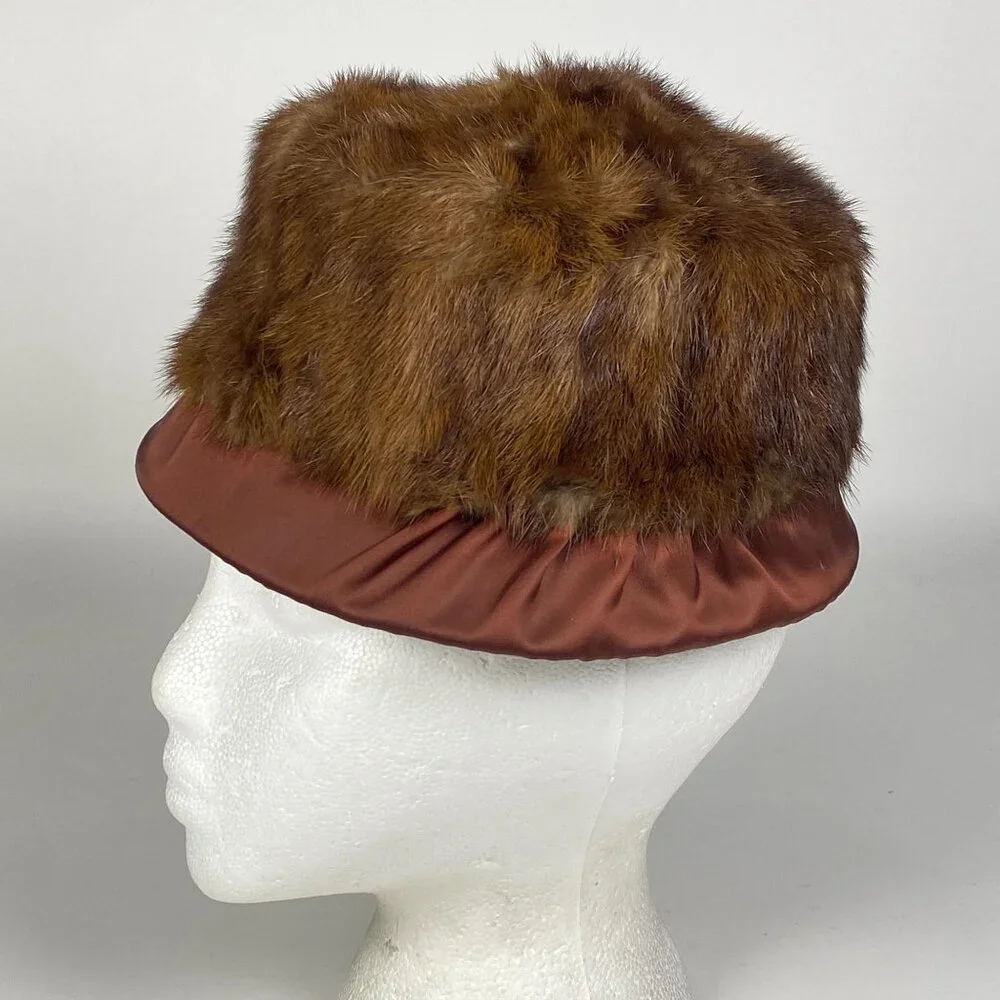 Vintage Genuine Brown Fur Cloche Pillbox Hat Satin Base Floral Lining Unbranded